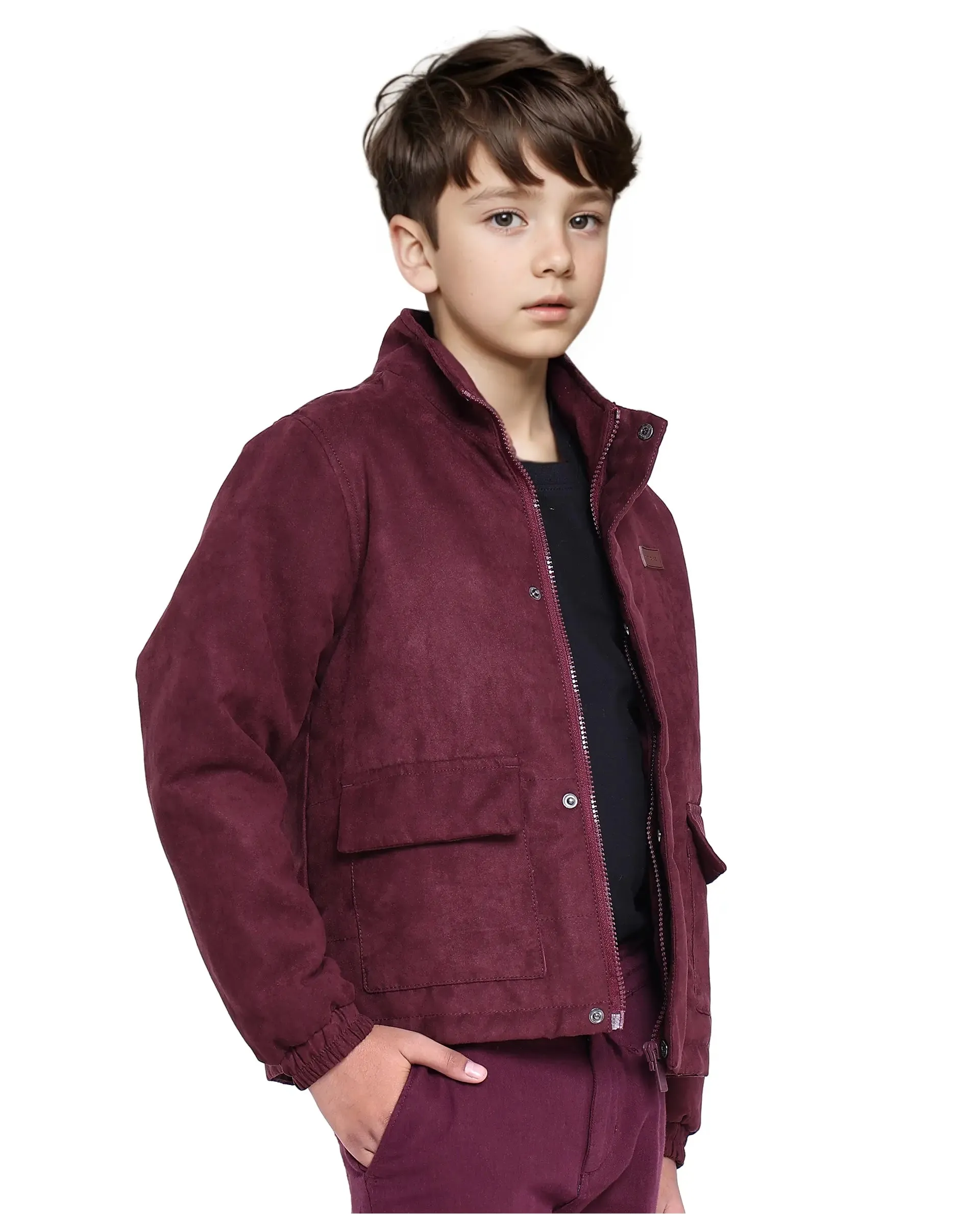 Rare Ones Kids Katpil Maroon Polyester Full Sleeve Solid Jacket