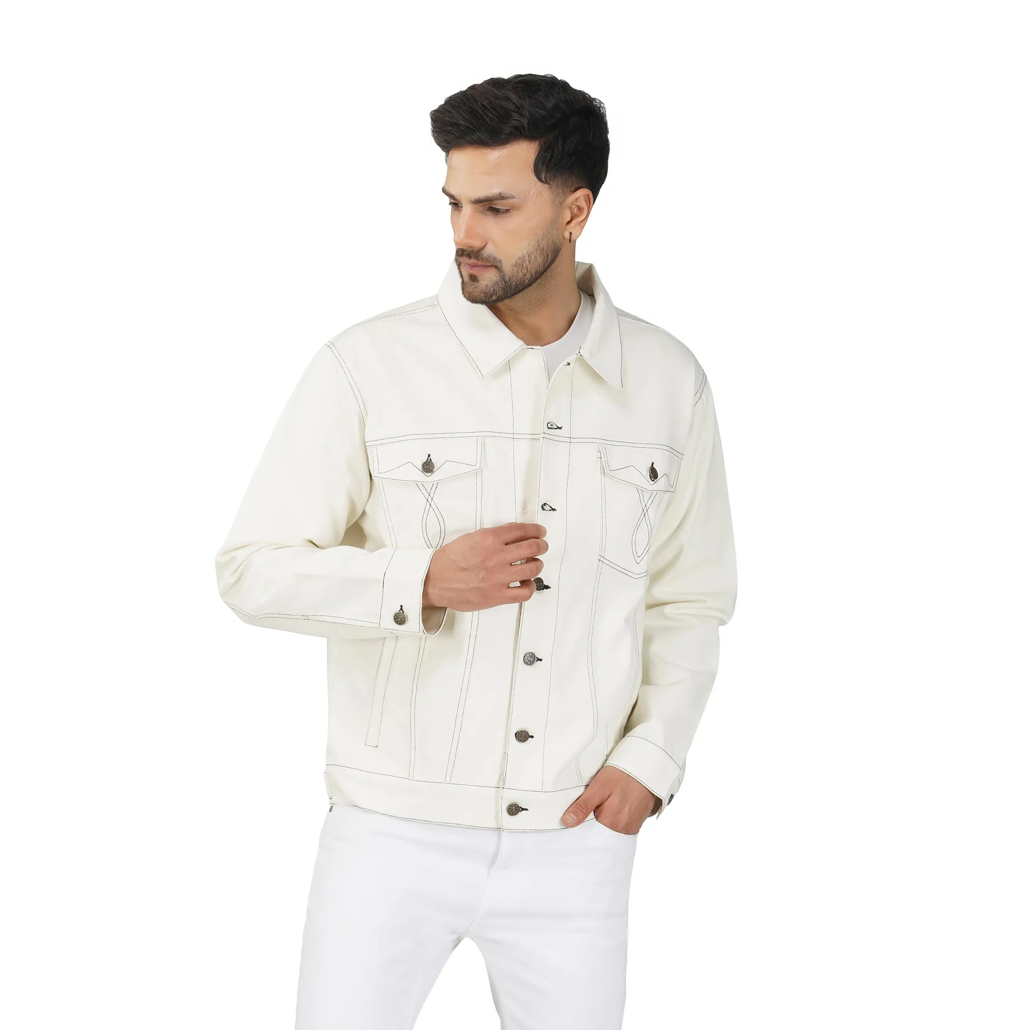 SLAY. Men's Off White Contrast Stitch Denim Cotton Biker Jacket For Men