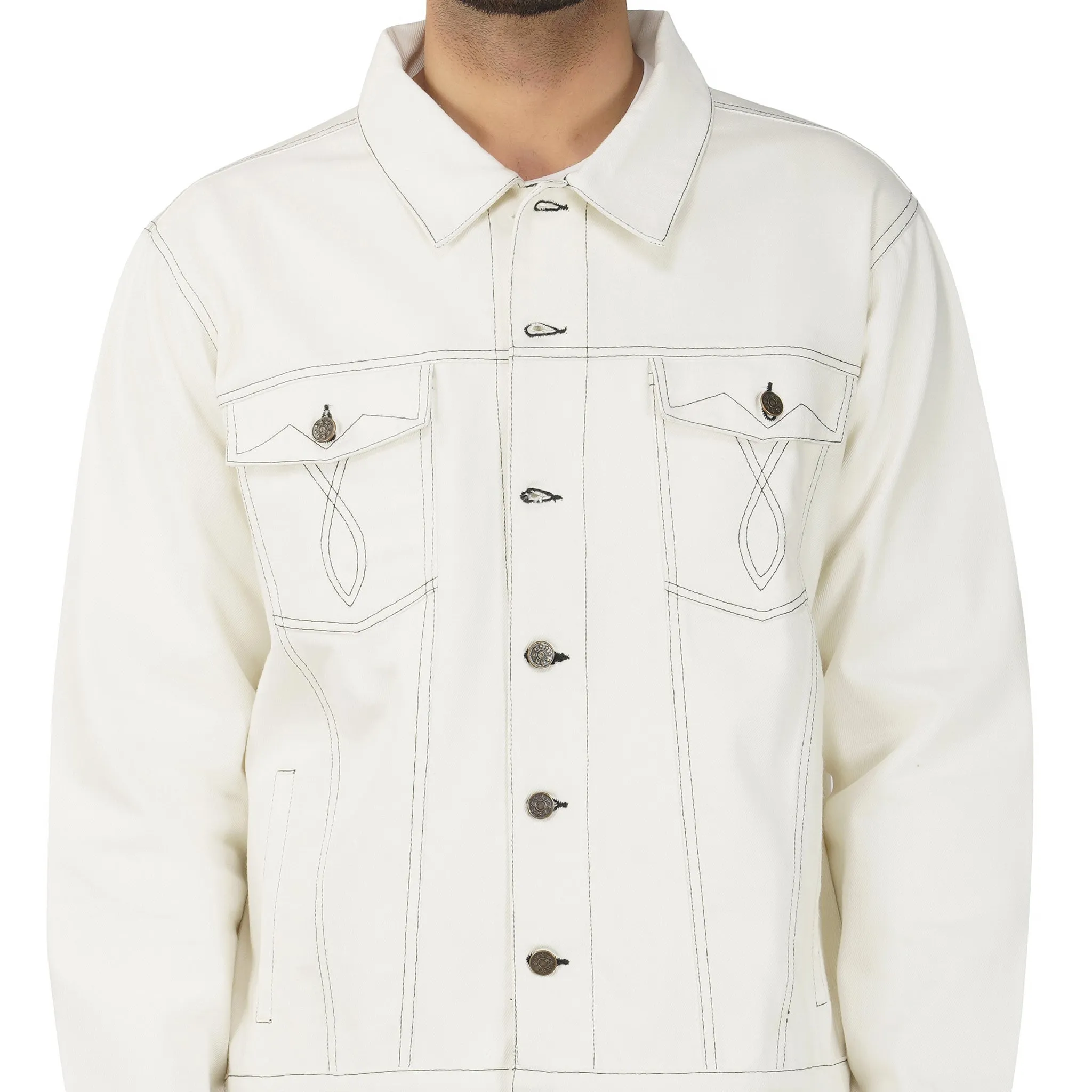 SLAY. Men's Off White Contrast Stitch Denim Cotton Biker Jacket For Men