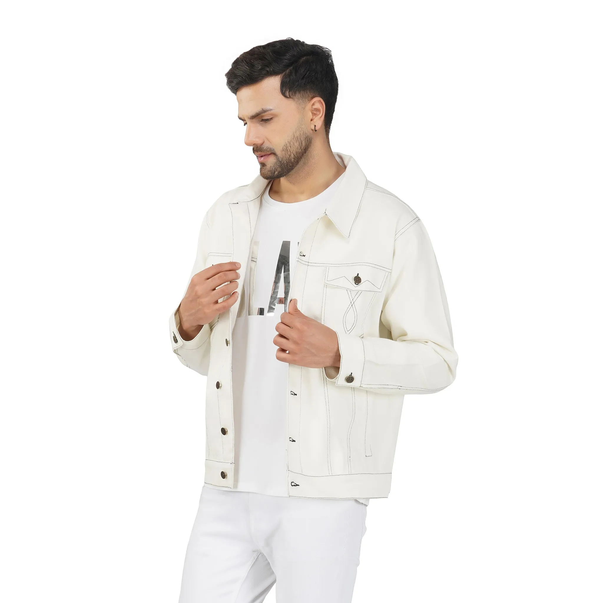 SLAY. Men's Off White Contrast Stitch Denim Cotton Biker Jacket For Men