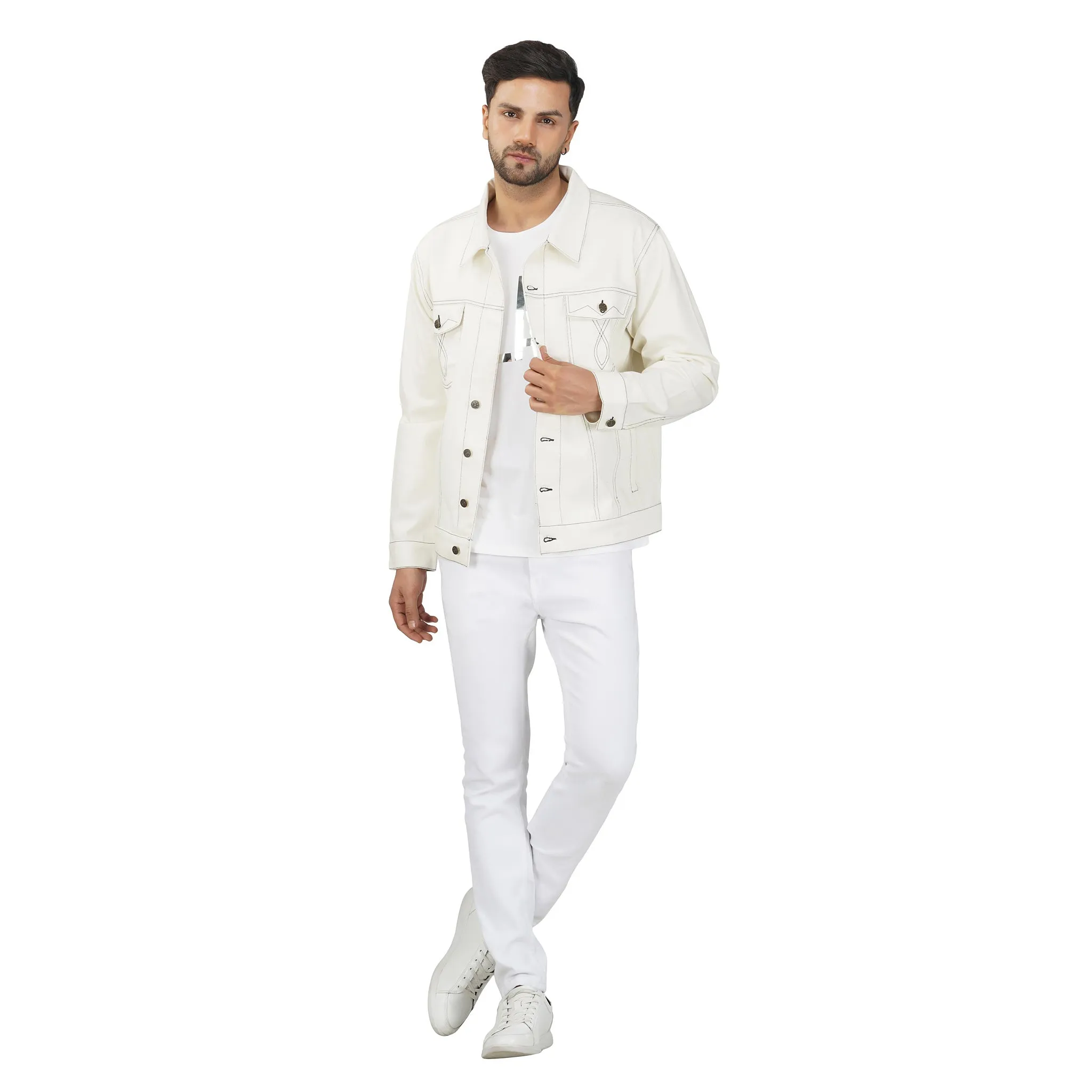 SLAY. Men's Off White Contrast Stitch Denim Cotton Biker Jacket For Men