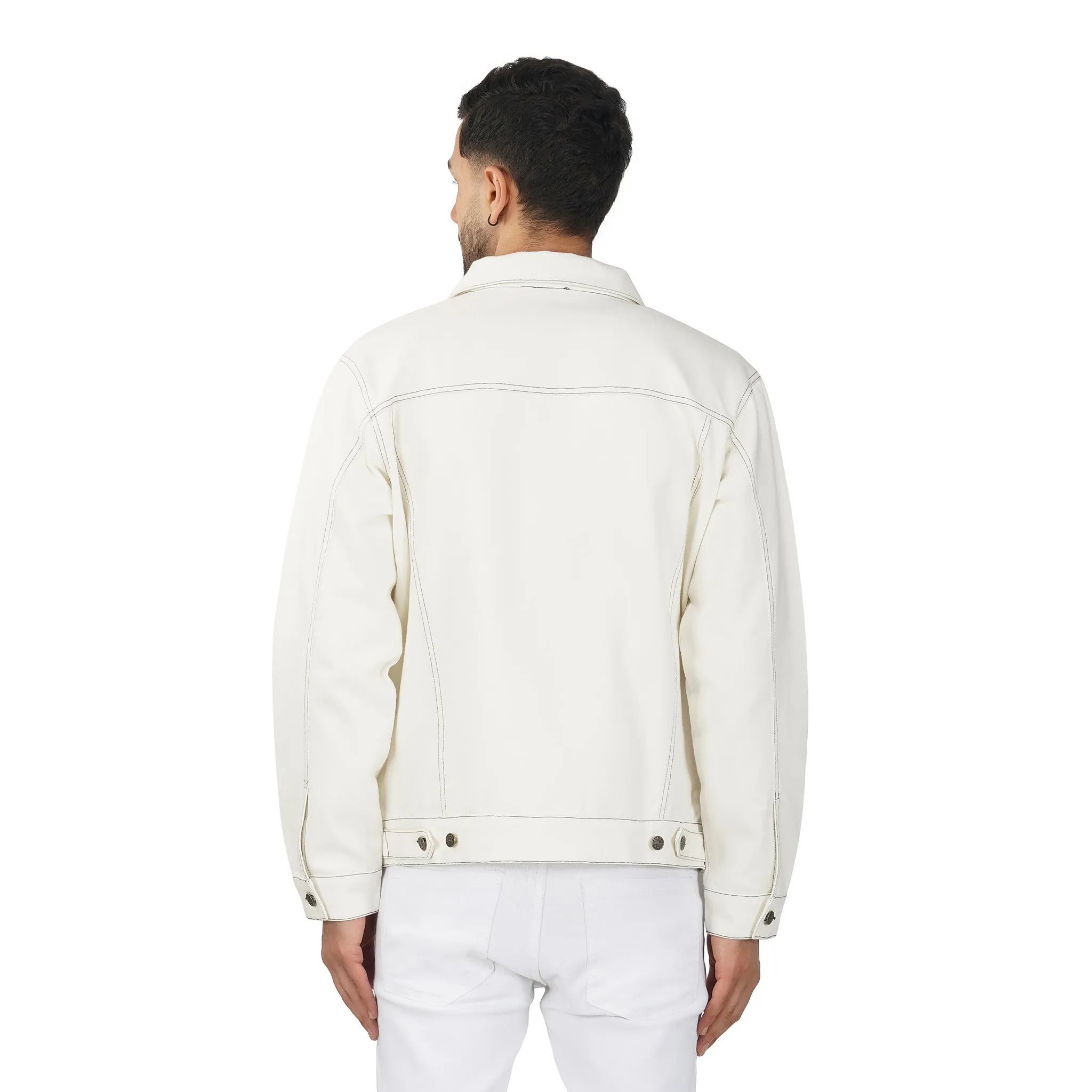 SLAY. Men's Off White Contrast Stitch Denim Cotton Biker Jacket For Men