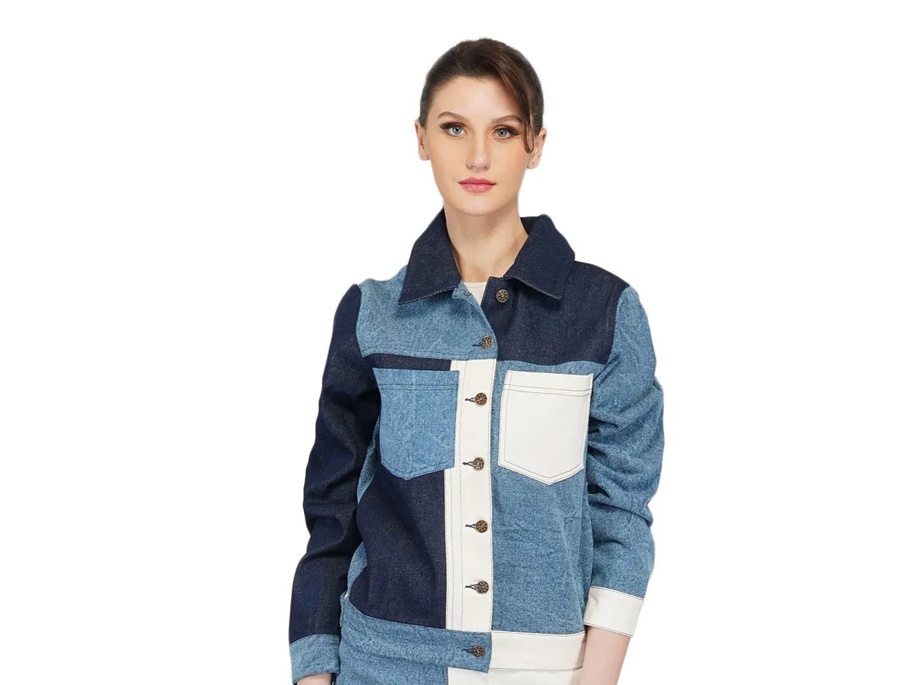 SLAY. Women's Blue White Colorblock Denim Jacket