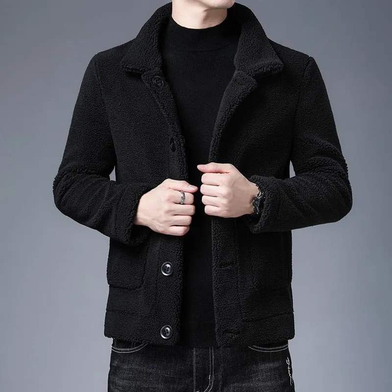 Warm Solid Brown Button Turn-Down Collar Male Coat