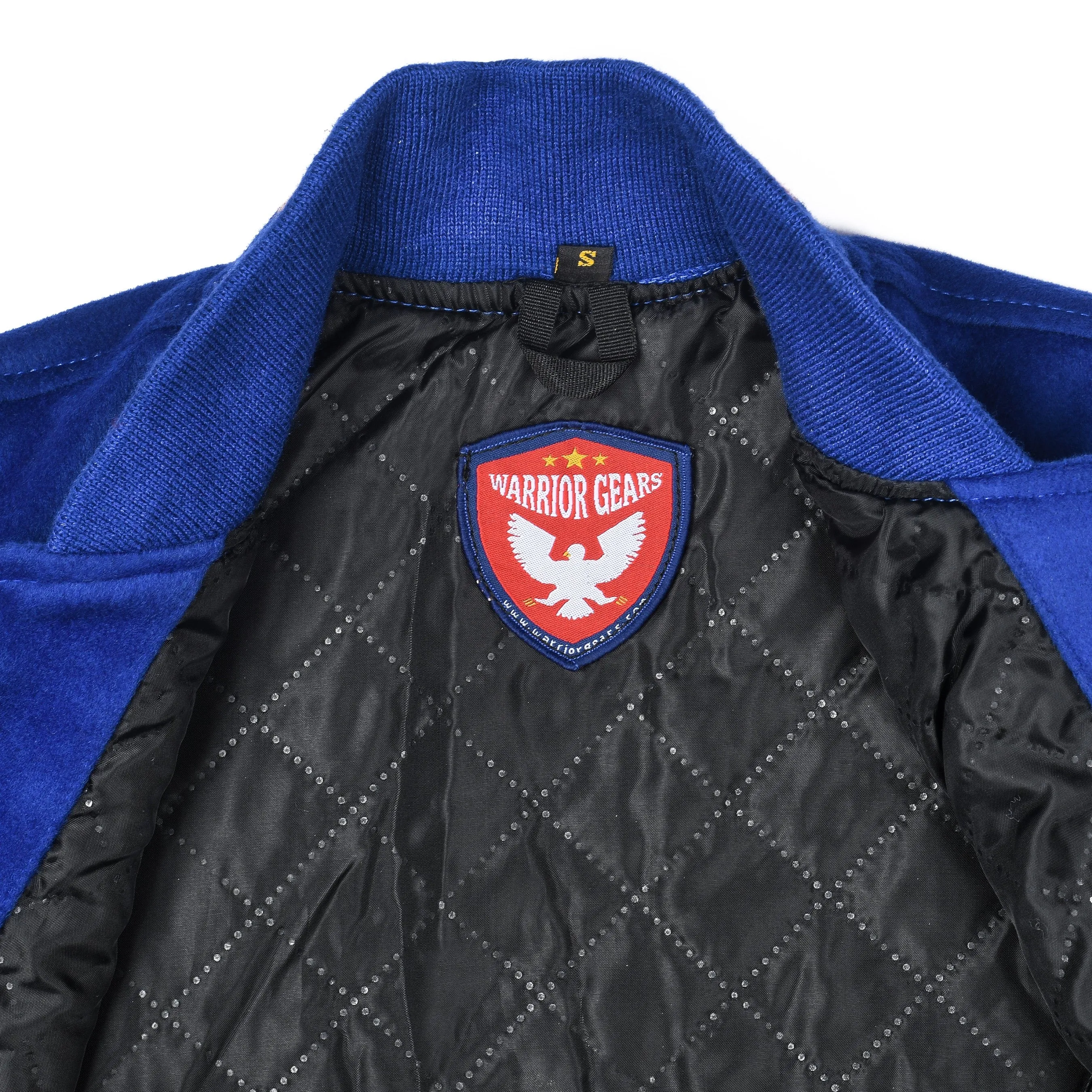 Warrior Gears Classic Hybrid Varsity Jacket University Letterman Bomber Jacket, Pure Wool & Original Cowhide Leather Jacket, Royal Blue Pure Wool Body & Orange Real Leather Sleeves