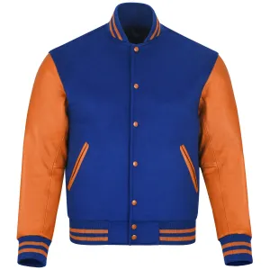 Warrior Gears Classic Hybrid Varsity Jacket University Letterman Bomber Jacket, Pure Wool & Original Cowhide Leather Jacket, Royal Blue Pure Wool Body & Orange Real Leather Sleeves