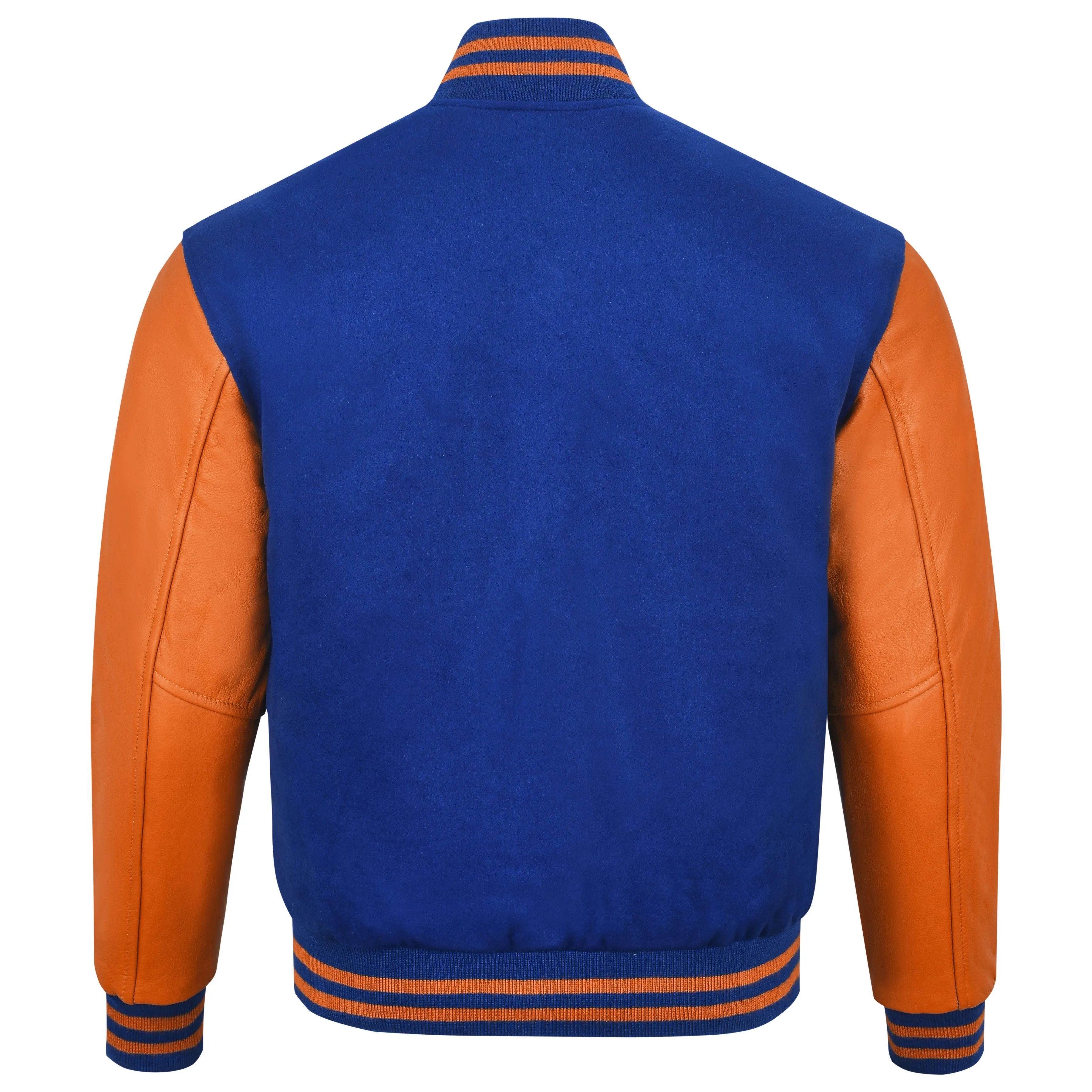 Warrior Gears Classic Hybrid Varsity Jacket University Letterman Bomber Jacket, Pure Wool & Original Cowhide Leather Jacket, Royal Blue Pure Wool Body & Orange Real Leather Sleeves