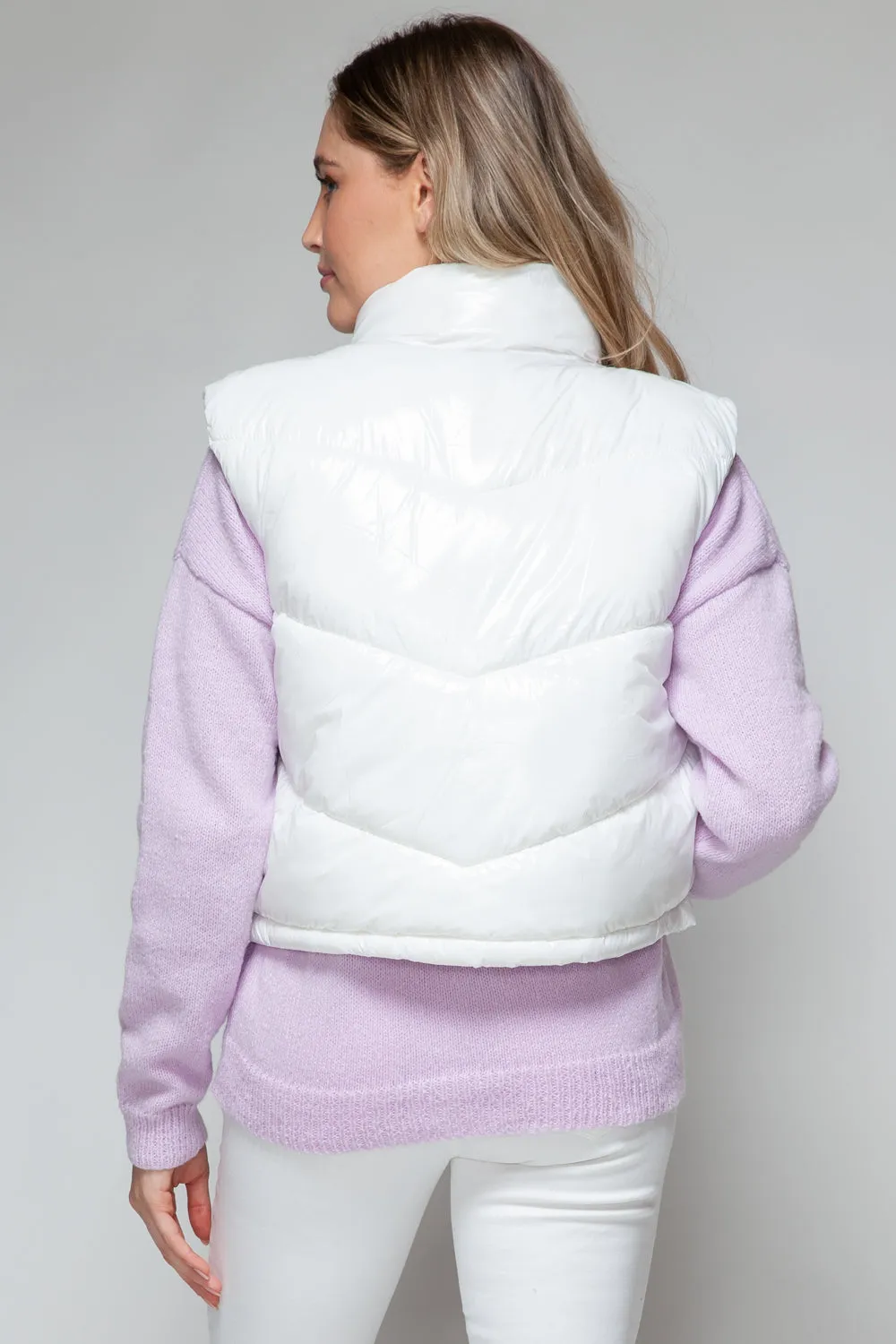 White Puffy Sleeveless Jacket New Women Zip Up Turtleneck Shiny Quilted Vest