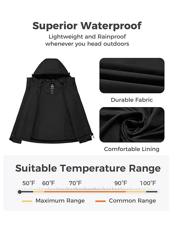 Women's Lightweight Rain Jacket Black Hooded Waterproof Raincoats Hiking