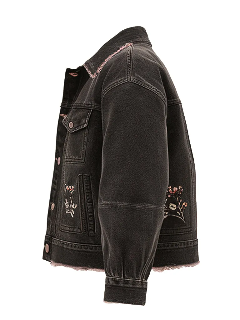 Women's Vintage Frayed Collar Black Denim Jacket